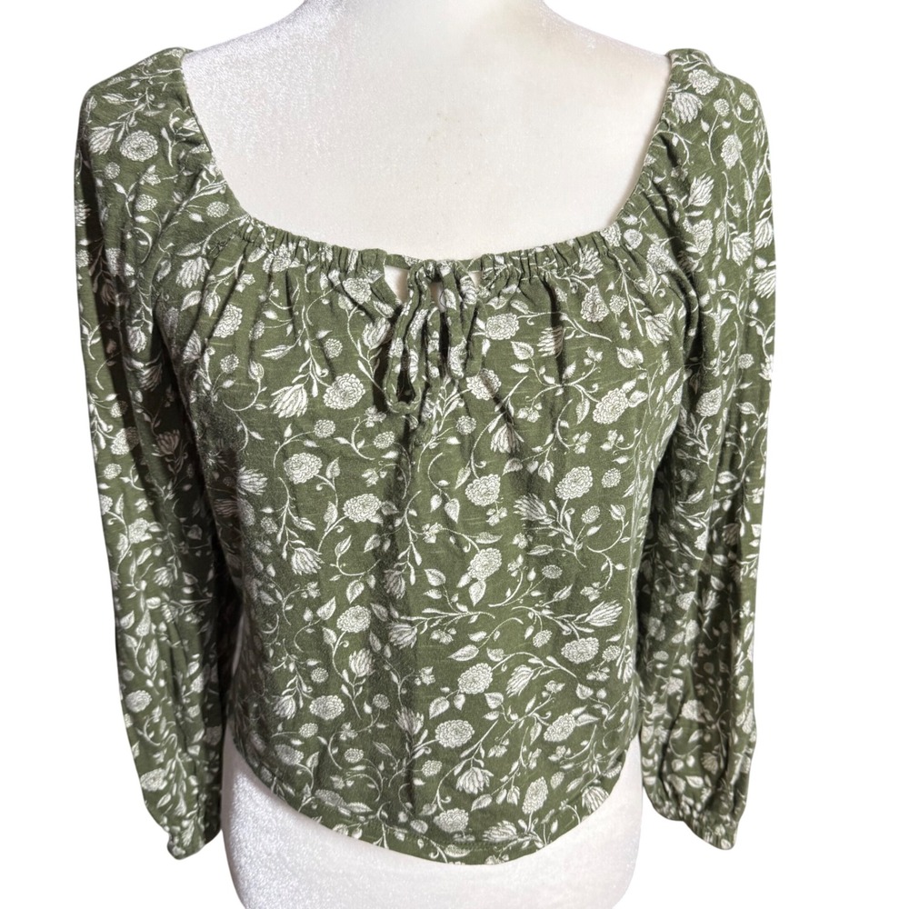 Ana A New Approach Green Floral Square Neck Tie Front Long Sleeve Cropped Top XS
